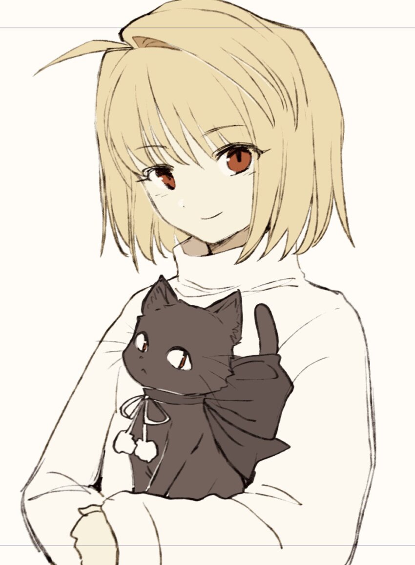 1girl, ahoge, animal, arcueid_brunestud, black_cat, blonde_hair, cat, closed_mouth