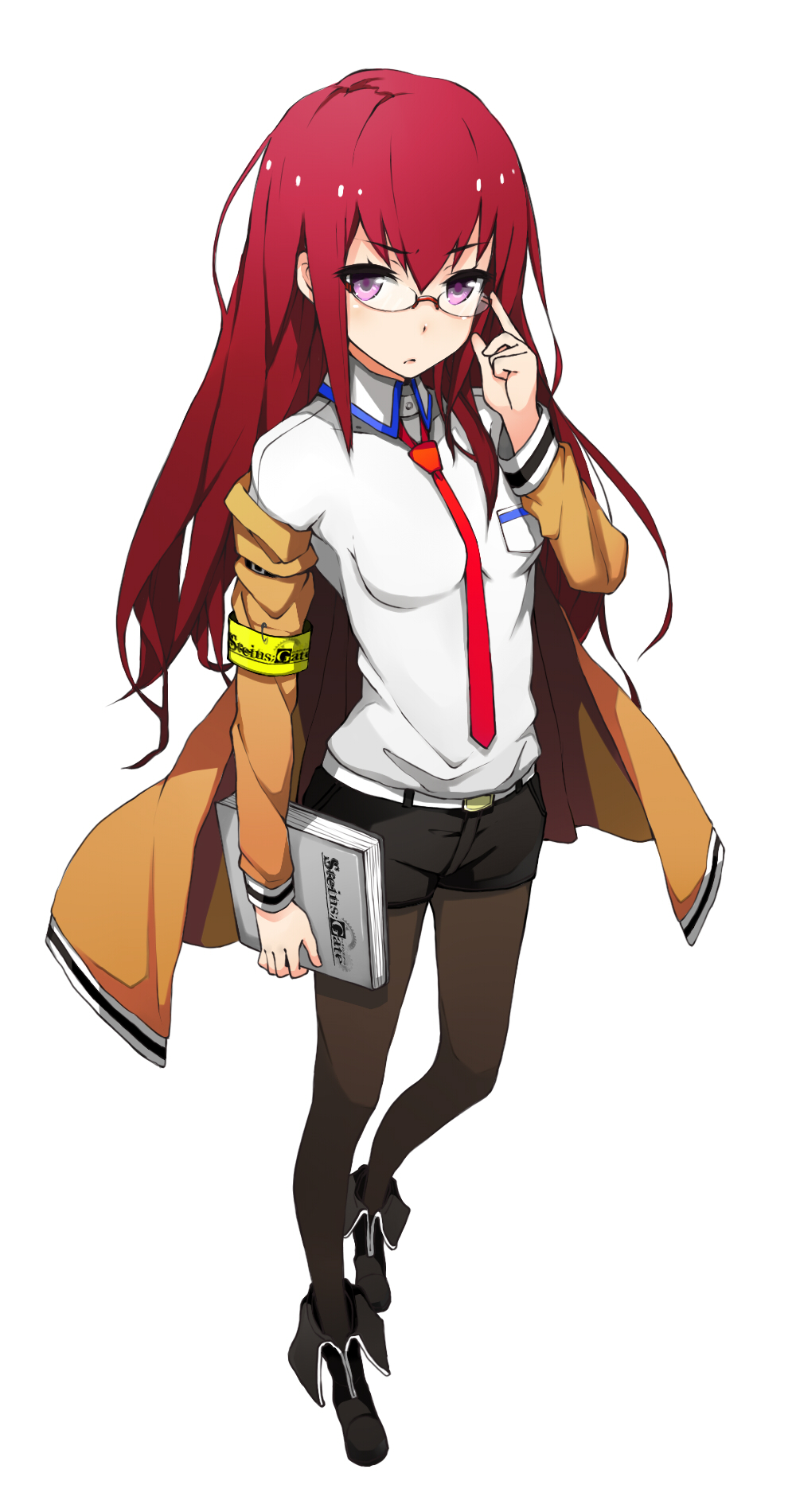 1girl, adjusting_eyewear, armband, bespectacled, black_pantyhose, blush, book, boots