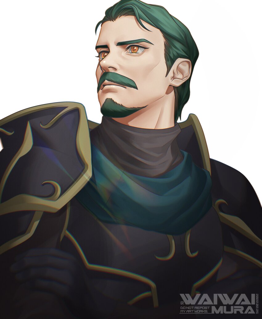 1boy, absurdres, armor, artist_name, black_armor, commentary_request, dated, facial_hair