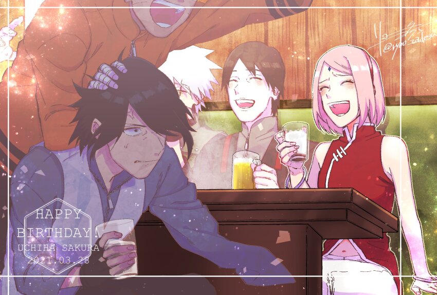 1girl, 4boys, anger_vein, asukachan_to_ryotakun, bandaged_hand, bandages, black_eyes, black_gloves