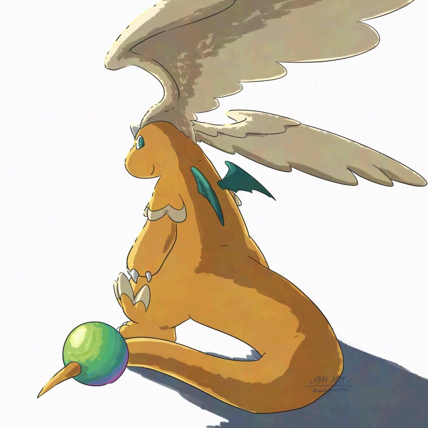 asaokirarenai95, claws, closed_mouth, dragon, dragonite, feathered_wings, full_body, gen_1_pokemon, green_eyes, head_wings, highres, horns, looking_at_viewer, mega_dragonite, mega_pokemon, nintendo, no_humans, pokemon, pokemon_(creature), pokemon_focus, simple_background, single_horn, smile, solo, tail, white_background, wings