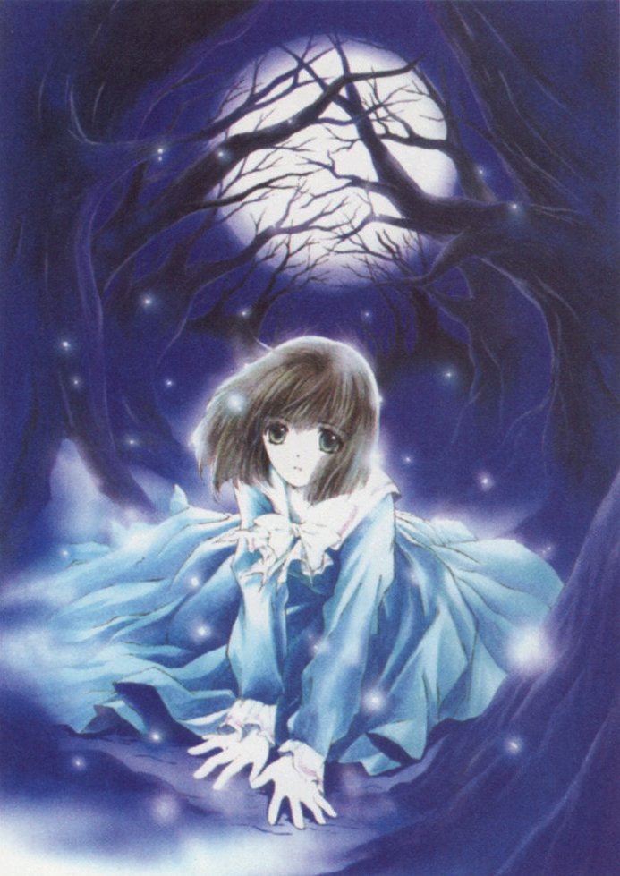 1girl, bare_tree, blue_dress, blue_sleeves, blunt_bangs, bow, brown_hair, dress, forest, glowing, hakoda_maki, hands_on_ground, haze, light_particles, long_dress, long_sleeves, moon, nature, night, original, sky, solo, source_request, tree, white_bow