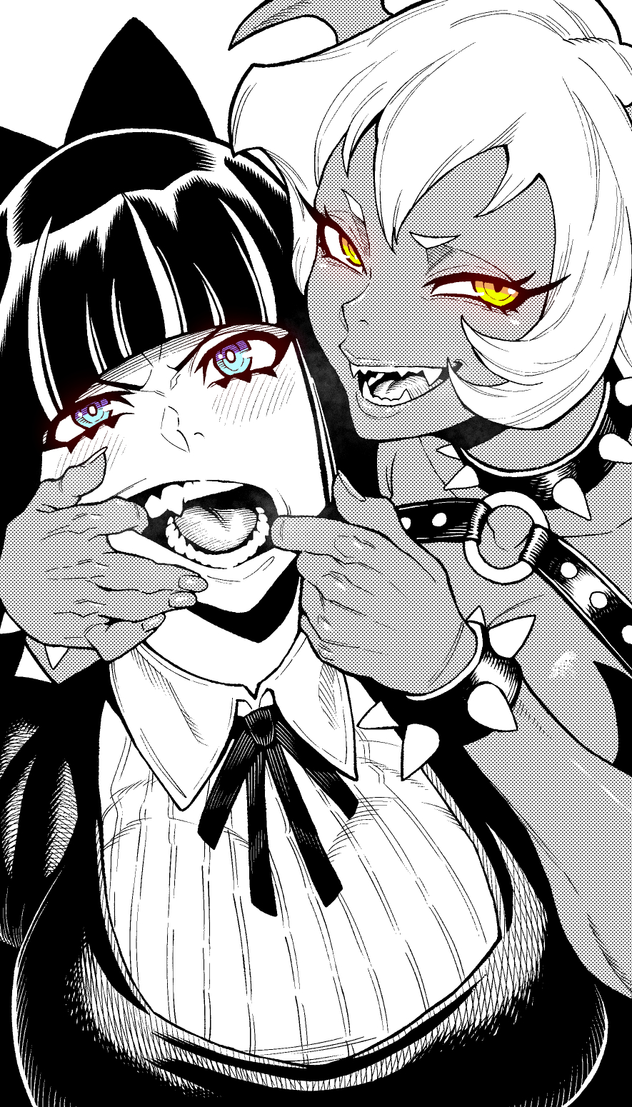 2girls, blue_eyes, breasts, collared_shirt, finger_in_another's_mouth, grin, hair_ribbon, highres