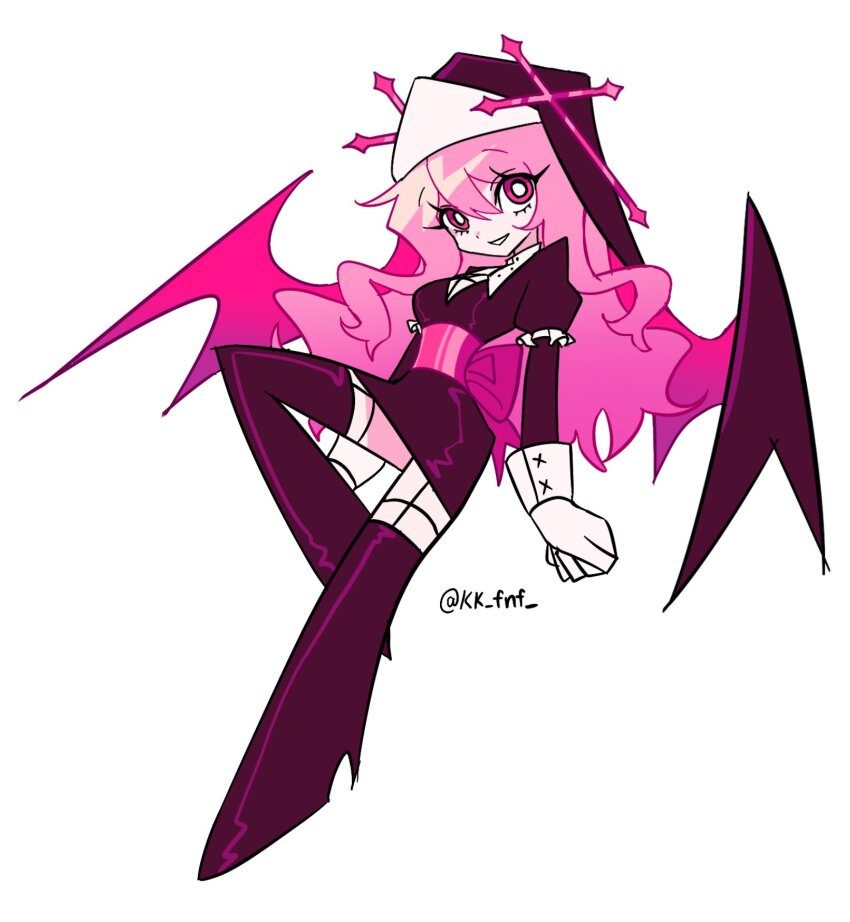 1girl, breasts, dress, friday_night_funkin', gloves, grin, highres, kk_fnf, long_hair, long_sleeves, looking_at_viewer, mid-fight_masses, nun, panty_&amp;_stocking_with_garterbelt, panty_&amp;_stocking_with_garterbelt_(style), parody, pink_hair, sarvente_(mid-fight_masses), simple_background, smile, solo, style_parody, thighhighs, white_background, wings