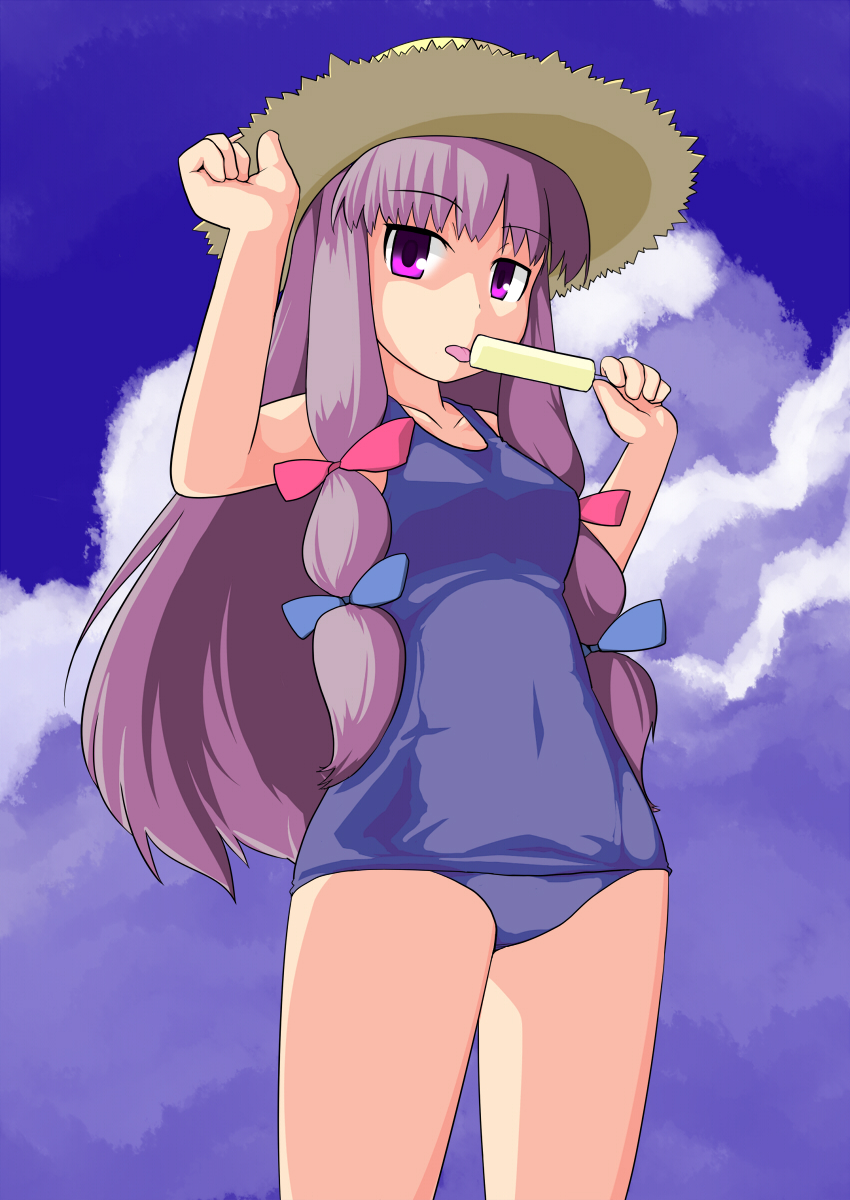 1girl, bad_id, bad_pixiv_id, female_focus, food, hat, highres, kir, licking, long_hair, one-piece_swimsuit, outdoors, patchouli_knowledge, popsicle, purple_eyes, purple_hair, school_swimsuit, sky, solo, straw_hat, swimsuit, touhou