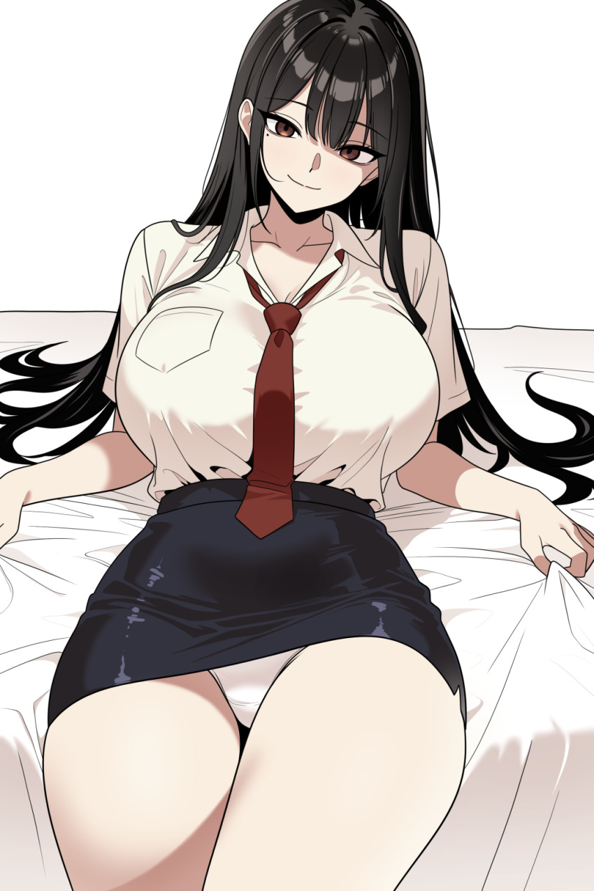 1girl, beautiful_gunbari, bed_sheet, black_hair, black_skirt, breasts, brown_eyes, brown_shirt, center-flap_bangs, cleavage, closed_mouth, collarbone, collared_shirt, commentary_request, cowboy_shot, crotch_seam, double-parted_bangs, elbow_rest, hair_spread_out, high-waist_skirt, highres, huge_breasts, im-dana, korean_commentary, long_hair, looking_at_viewer, loose_necktie, marheit, miniskirt, mole, mole_under_eye, necktie, office_lady, on_bed, panties, pantyshot, pencil_skirt, reclining, red_necktie, school_uniform, sheet_grab, shirt, shirt_tucked_in, short_sleeves, simple_background, skirt, smile, solo, split_mouth, taut_clothes, taut_skirt, thighs, tsurime, underwear, upskirt, very_long_hair, white_background, white_panties, wing_collar