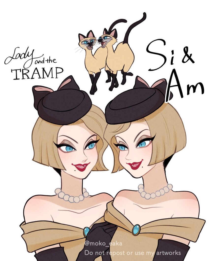 2girls, animal, animal_ears, blonde_hair, blue_eyes, cat, colorpoint_(pattern), eyeshadow, highres, humanization, lady_and_the_tramp, looking_at_viewer, makeup, moko_eaka, multiple_girls, open_mouth, short_hair, si_(lady_&amp;_the_tramp), siamese_cat, simple_background, smile, solo, white_background