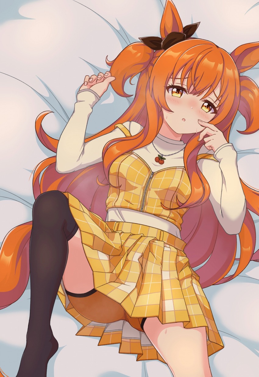 1girl, absurdres, animal_ears, bed, belt, bike_shorts, bike_shorts_under_skirt, black_thighhighs