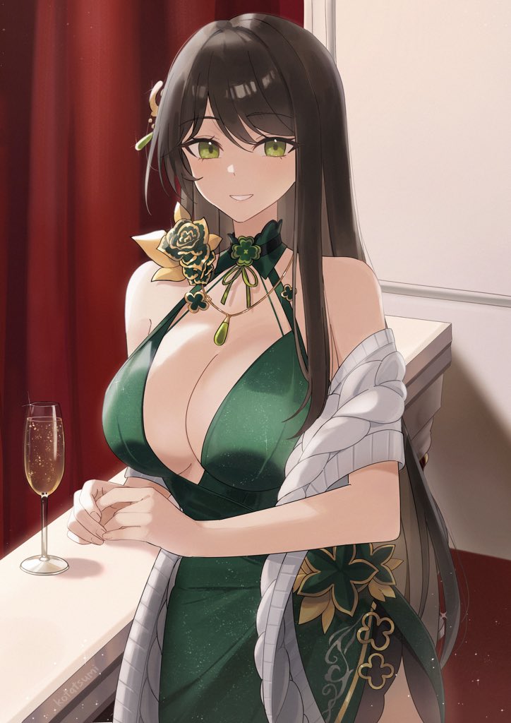 1girl, alcohol, bare_shoulders, black_hair, black_survival, breasts, champagne, champagne_flute