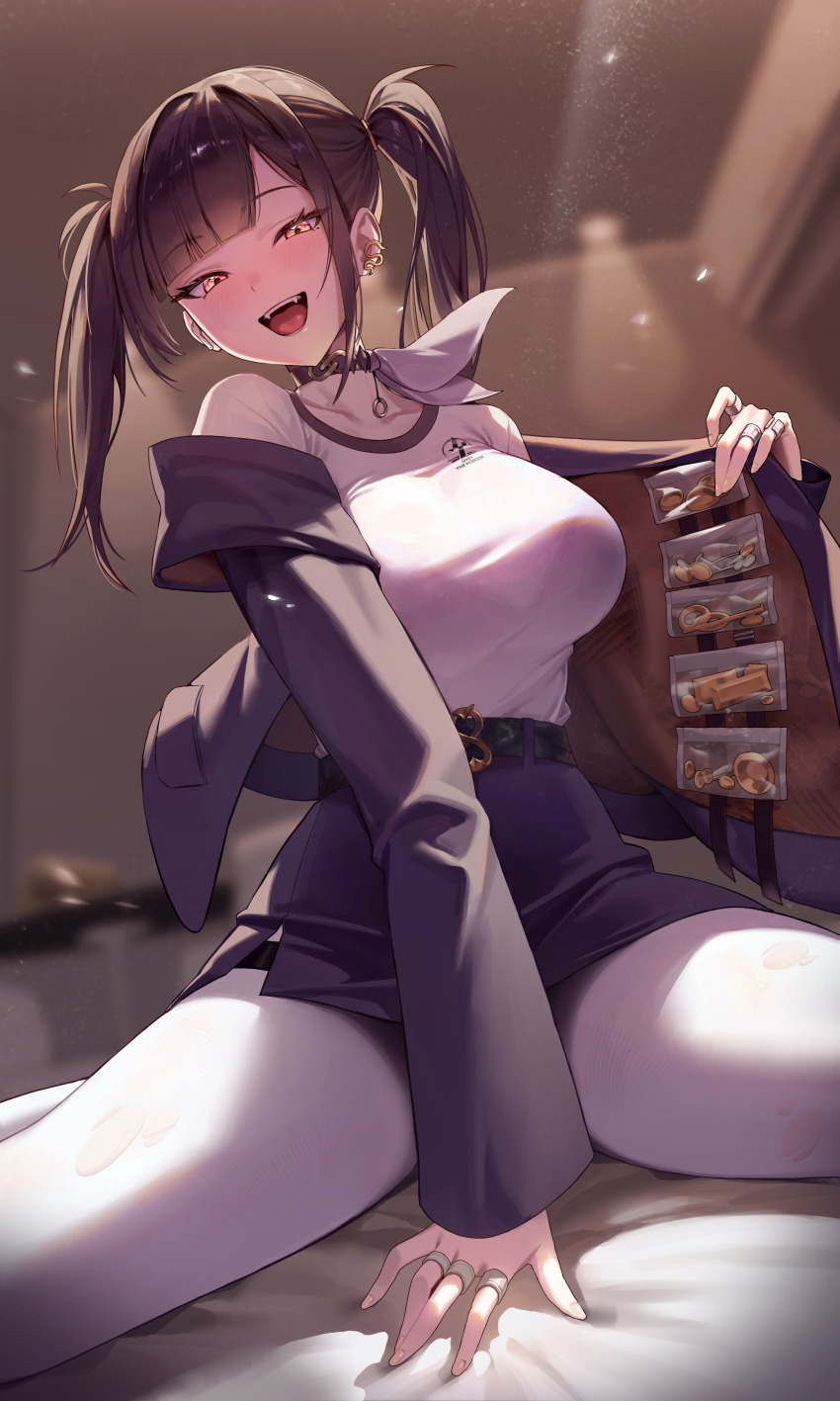 1girl, 4q_(lokcy516), :d, absurdres, bed, belt, black_belt, black_choker