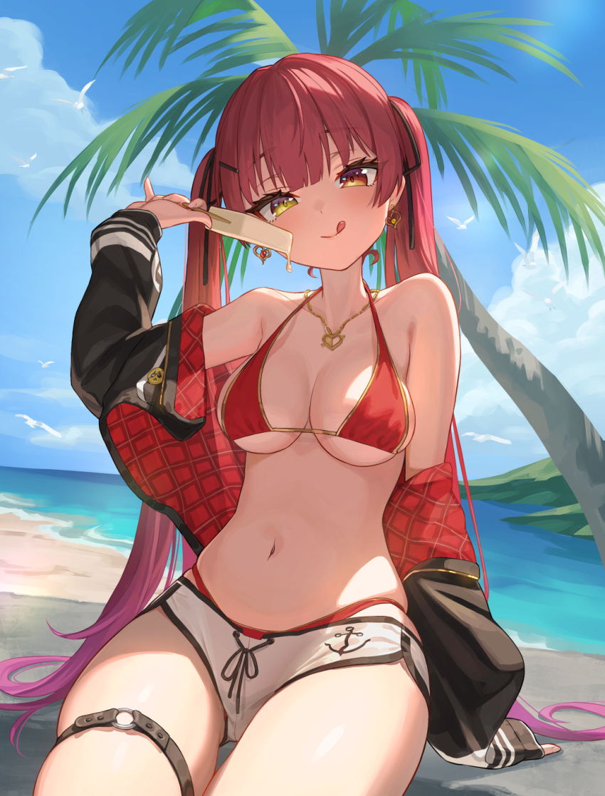 1girl, :q, arm_support, bare_shoulders, beach, bikini, bikini_under_skirt, blunt_bangs, breasts, cleavage, clothes_down, collarbone, commentary_request, drawstring, earrings, food, hair_ribbon, halterneck, hand_up, heterochromia, highres, holding, holding_food, holding_popsicle, hololive, houshou_marine, houshou_marine_(summer), jacket, jewelry, kizaminori, large_breasts, light_blush, long_hair, long_sleeves, looking_at_viewer, navel, necklace, o-ring, o-ring_thigh_strap, official_alternate_costume, open_clothes, open_jacket, outdoors, palm_tree, popsicle, red_bikini, red_eyes, red_hair, ribbon, short_shorts, shorts, sitting, sky, solo, stomach, swimsuit, thigh_strap, tongue, tongue_out, tree, twintails, two-sided_fabric, two-sided_jacket, virtual_youtuber, white_shorts, yellow_eyes