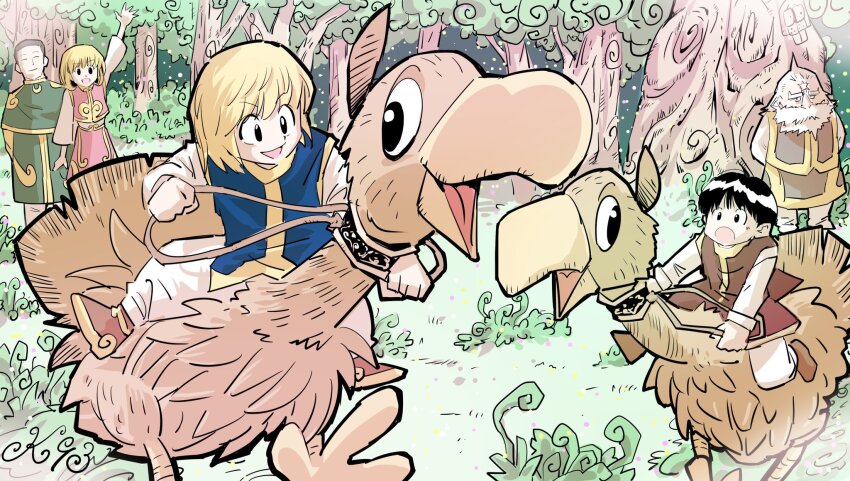 arm_up, beard, black_hair, blue_tunic, brown_hair, child, facial_hair, family