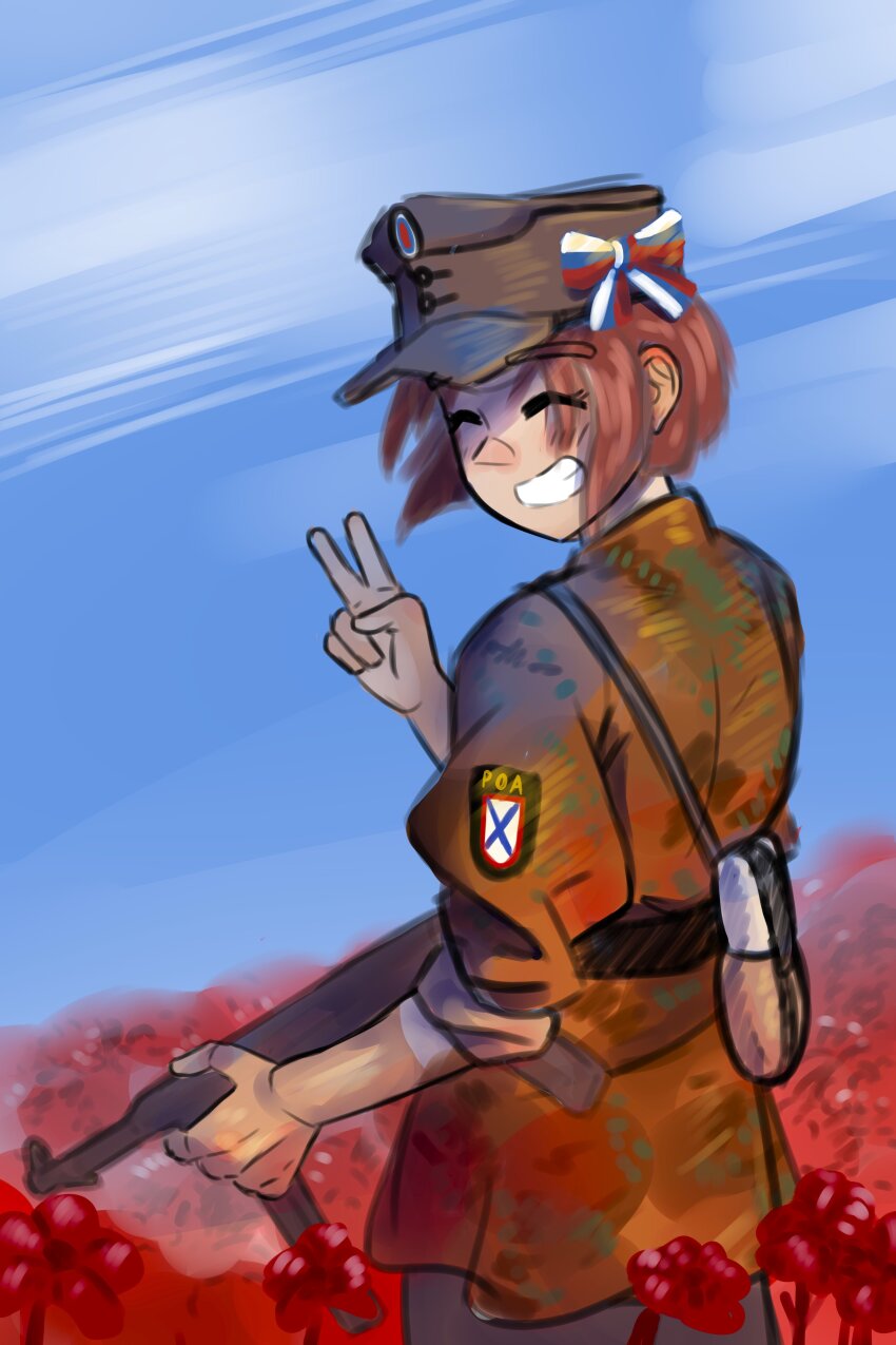 1girl, absurdres, blue_sky, bow, brown_hair, canteen, closed_eyes, field