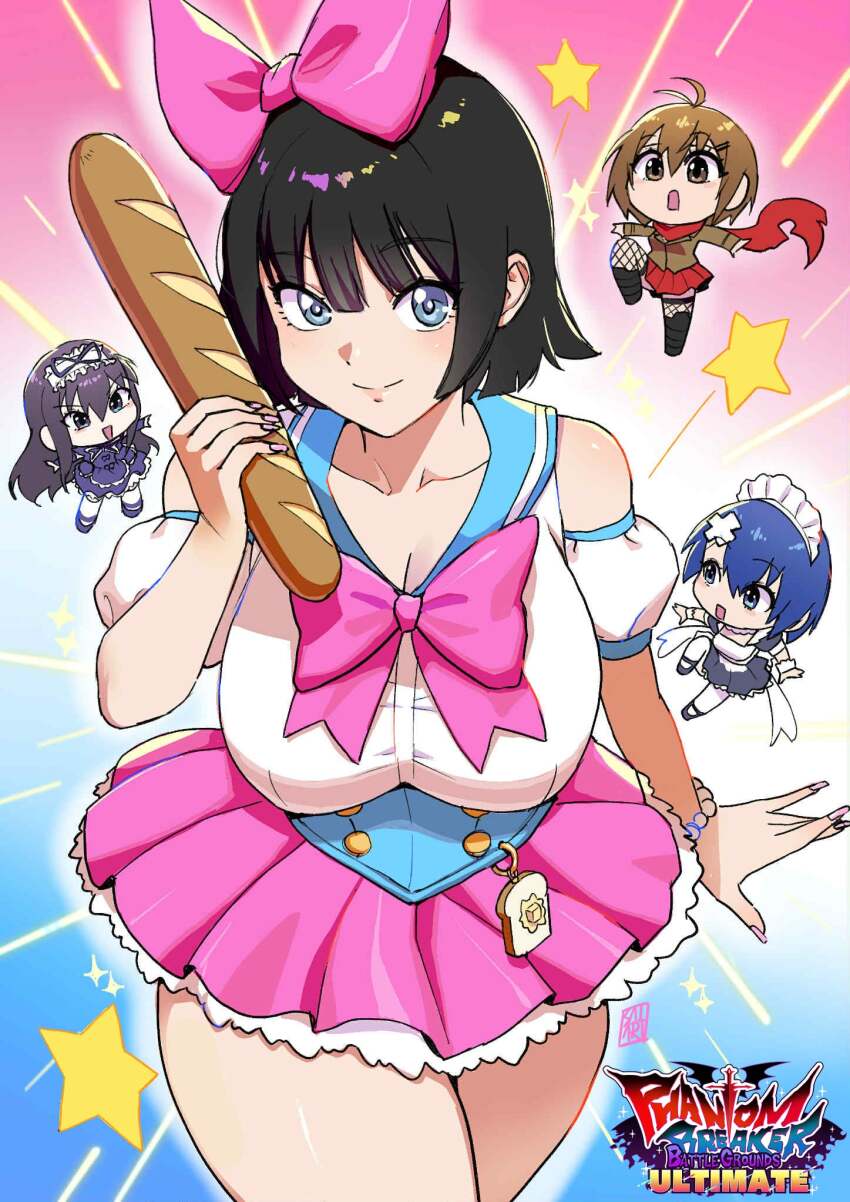 4girls, animification, black_hair, blue_eyes, blue_hair, breasts, brown_hair, chibi