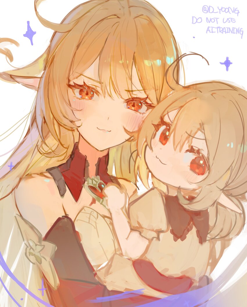2girls, :3, absurdres, ahoge, alice_(genshin_impact), artist_name, blonde_hair, blush, carrying, d_yoong, detached_sleeves, dress, elf, genshin_impact, hair_between_eyes, hashtag-only_commentary, highres, klee_(genshin_impact), long_hair, looking_at_viewer, mother_and_child, mother_and_daughter, multiple_girls, parent_and_child, pointy_ears, red_eyes, red_sleeves, side_ahoge, simple_background, smile, twintails, white_background