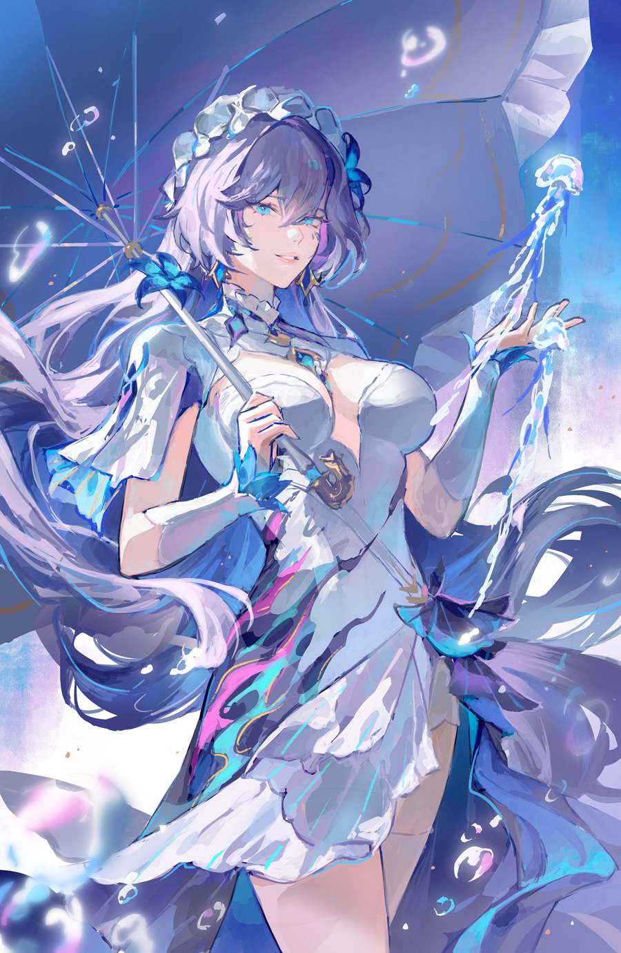 1girl, blue_eyes, breasts, cantarella_(wuthering_waves), commentary, cowboy_shot, dress, duetrofl, hashtag-only_commentary, highres, holding, holding_umbrella, large_breasts, long_hair, parted_lips, purple_hair, smile, solo, umbrella, white_dress, wuthering_waves
