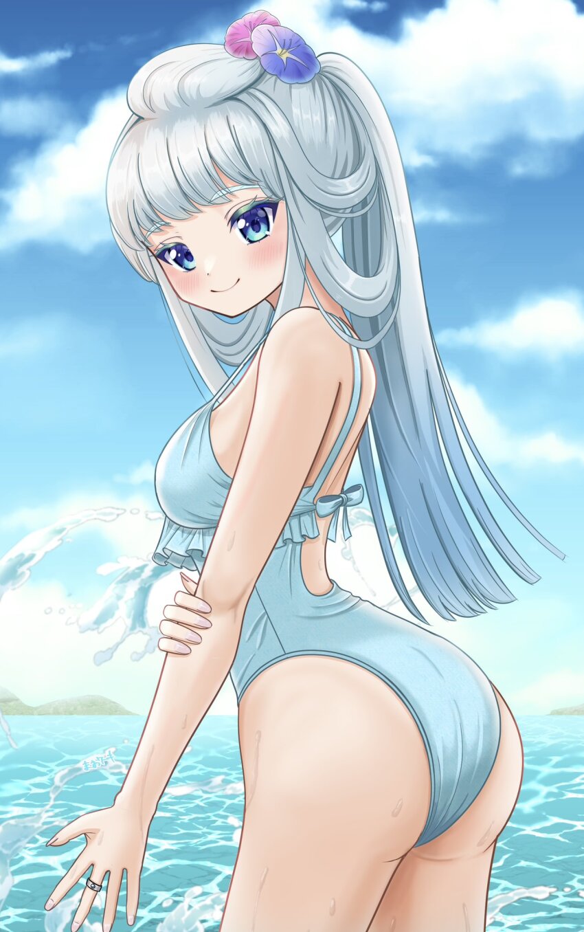 1girl, aqua_one-piece_swimsuit, ass, back, backless_swimsuit, blunt_bangs, casual_one-piece_swimsuit, cropped_legs