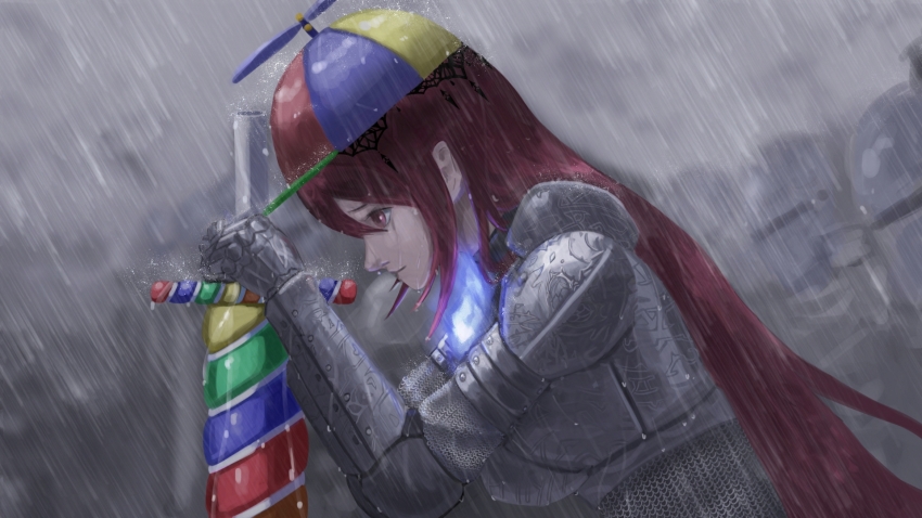 1girl, ahoge, armor, blue_fire, blue_hat, candy, chada_ijwtmcs, commentary, elizabeth_rose_bloodflame, english_commentary, fire, fire_on_chest, food, from_side, hat, highres, holding, holding_sword, holding_weapon, hololive, hololive_english, long_hair, multicolored_hat, outdoors, overcast, plate_armor, propeller_hat, rain, red_eyes, red_hair, red_hat, sky, solo, sword, virtual_youtuber, weapon, wet, wet_hair, yellow_hat