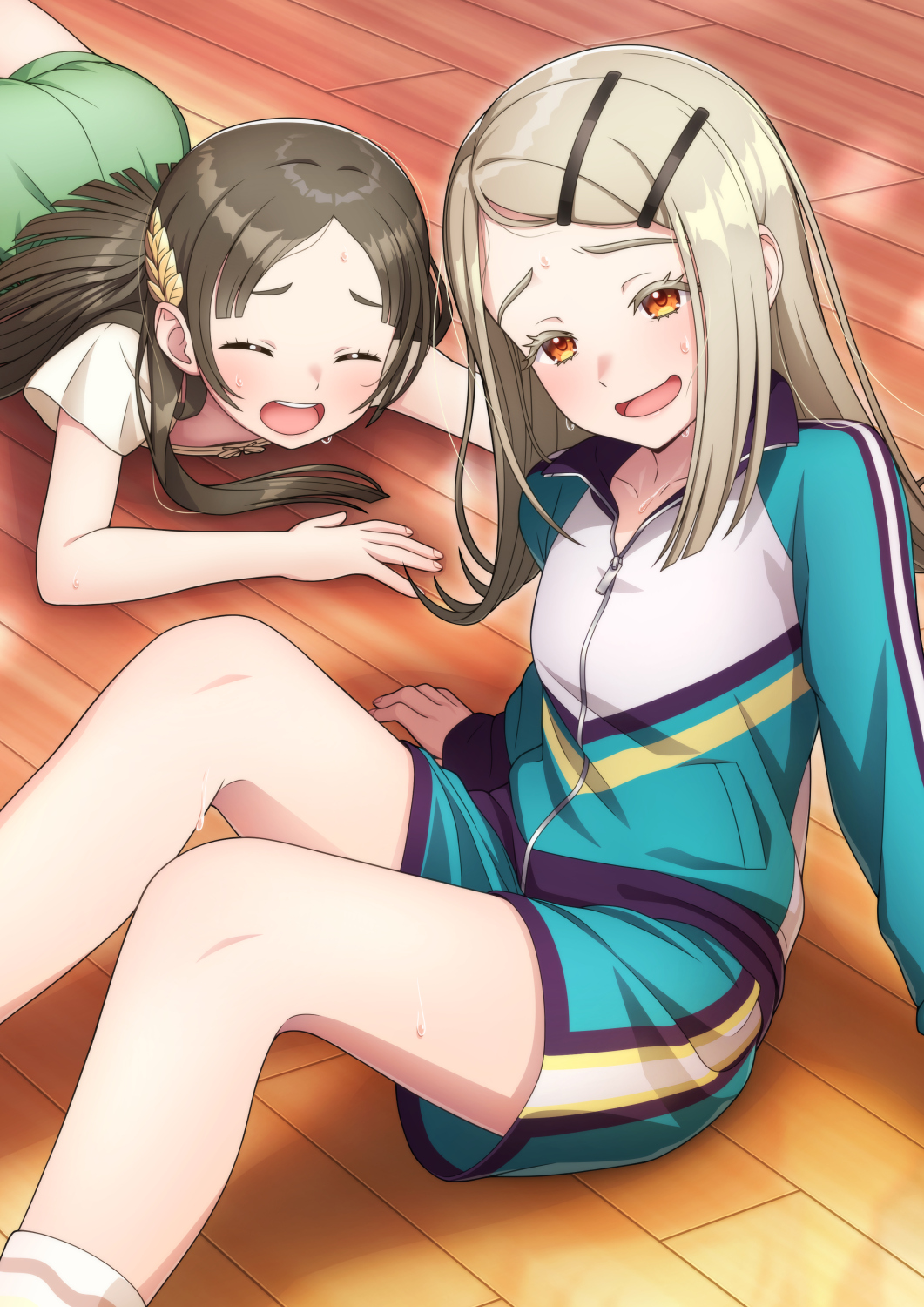 2girls, aqua_track_suit, bare_arms, bare_legs, blonde_hair, blush, brown_hair, closed_eyes