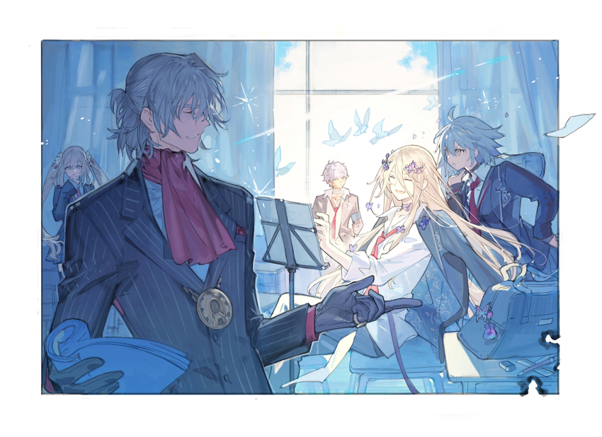 2girls, 3boys, ^_^, amatsuka_(fate), antonio_salieri_(fate), antonio_salieri_(second_ascension)_(fate), ascot, bag