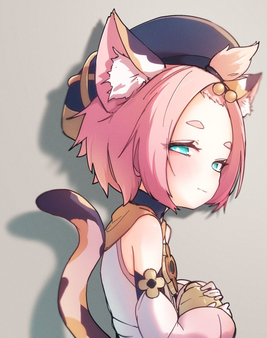 1girl, animal_ear_fluff, animal_ears, bangs_pinned_back, blue_eyes, blush, cat_ears, cat_girl, cat_tail, closed_mouth, commentary, detached_sleeves, diona_(genshin_impact), from_side, genshin_impact, grey_background, gumi_(guminghc), hat, highres, looking_at_viewer, pink_hair, shadow, short_hair, simple_background, solo, tail, upper_body