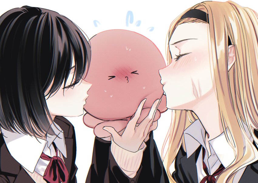 2girls, aged_up, baby_(demotsu), black_hair, blonde_hair, blush, creature, highres, kirarazaka_marina, kiss, kuze_shizuka, multiple_girls, scar, scar_on_face, school_uniform, takopii, takopii_no_genzai