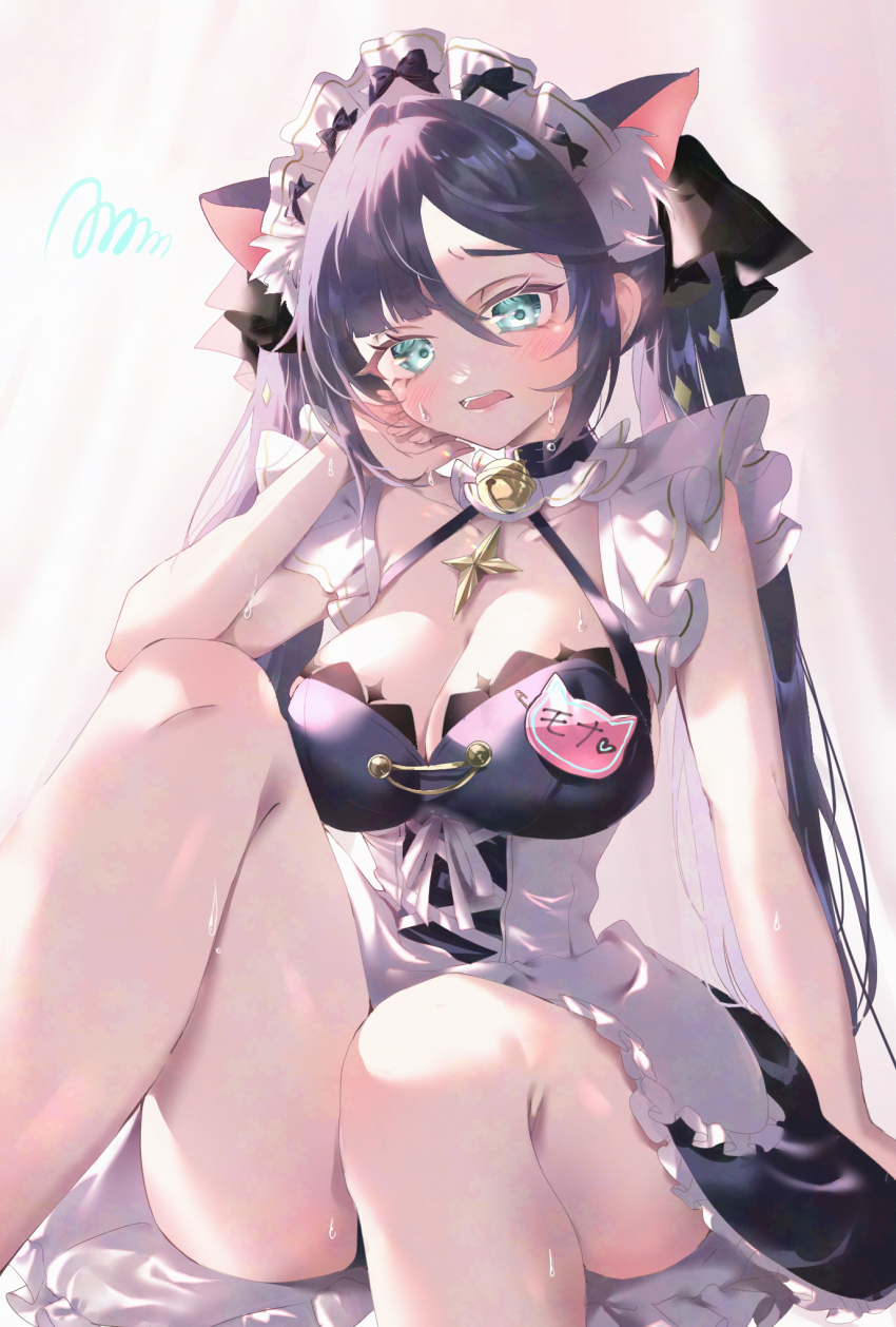 1girl, animal_ear_fluff, animal_ears, apron, bare_shoulders, black_choker, black_hair, blush