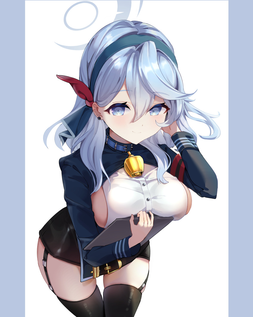 1girl, absurdres, ako_(blue_archive), aqua_eyes, aqua_hair, aqua_halo, bell, black_garter_straps