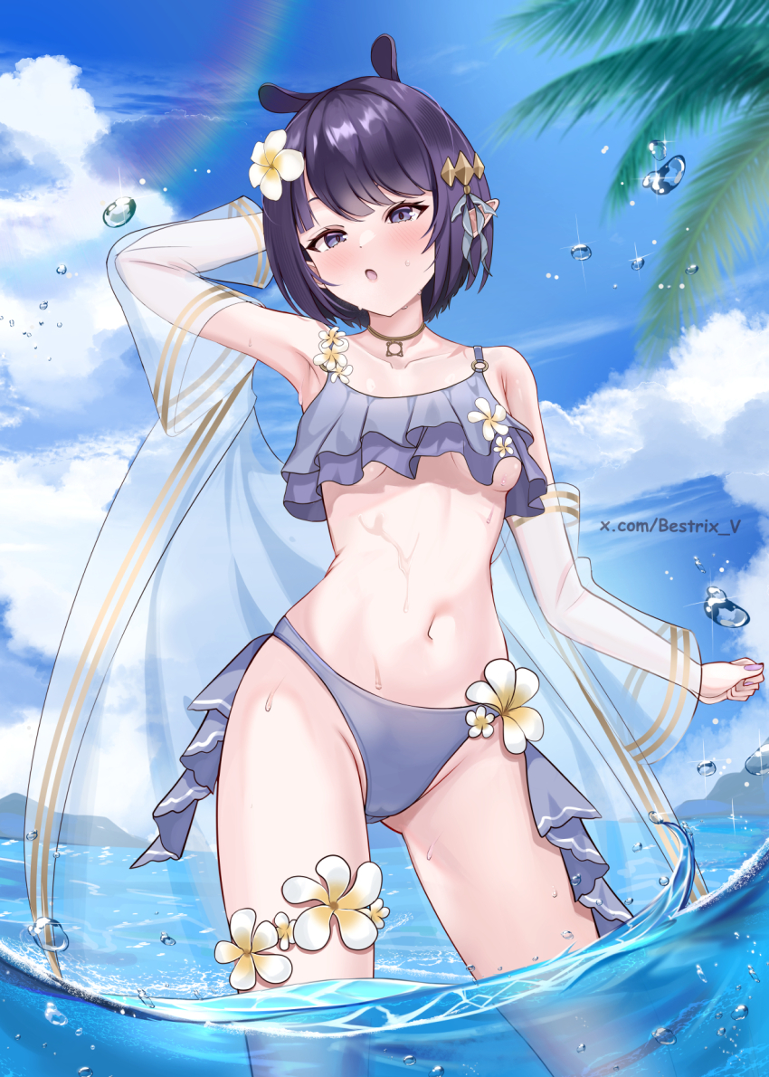 1girl, arm_up, armpits, bestrix, bikini, blue_sky, blunt_bangs, bob_cut
