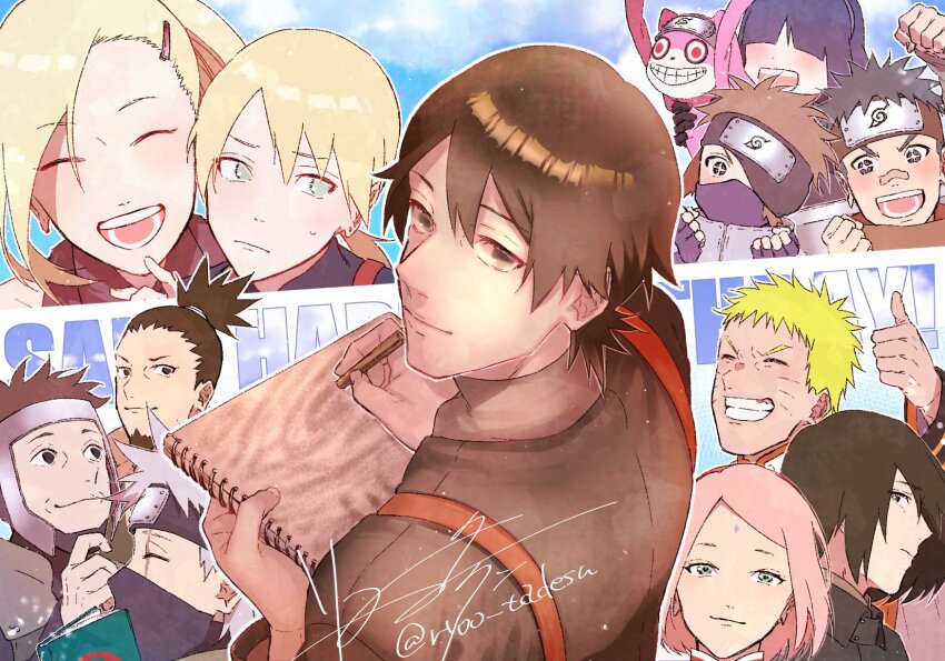 3girls, 6+boys, asukachan_to_ryotakun, bandaid, bandaid_on_face, bandaid_on_nose, black_eyes, black_gloves, black_hair, black_shirt, blonde_hair, book, boruto:_naruto_next_generations, brown_hair, character_name, closed_mouth, facial_hair, facial_mark, fingerless_gloves, forehead_mark, forehead_protector, gloves, goatee, green_eyes, hair_over_eyes, happuri, happy_birthday, haruno_sakura, hatake_kakashi, highres, holding, holding_sketchbook, holding_stuffed_toy, japanese_armor, kokubo_renga, konohagakure_symbol, kuroi_hako, looking_at_viewer, looking_back, mask, mouth_mask, multiple_boys, multiple_girls, nara_shikamaru, naruto_(series), open_mouth, pale_skin, pink_hair, purple_hair, sai_(naruto), scar, scar_across_eye, scar_on_face, shirt, short_hair, signature, sketchbook, smile, star-shaped_pupils, star_(symbol), stuffed_animal, stuffed_toy, sweatdrop, symbol-shaped_pupils, taketori_houki, thumbs_up, twitter_username, uchiha_sasuke, upper_body, uzumaki_naruto, yamanaka_ino, yamanaka_inojin, yamato_(naruto)