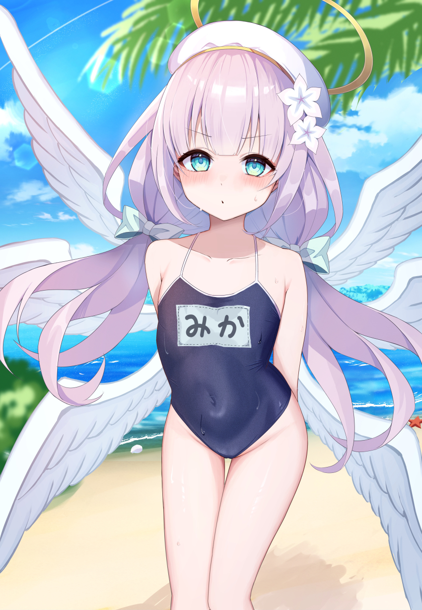 1girl, absurdres, aqua_eyes, arms_behind_back, beach, blue_one-piece_swimsuit, blue_sky, blush, bow, bush, cloud, commentary_request, contrail, covered_navel, day, feathered_wings, flat_chest, flower, gold_halo, hair_bow, hair_flower, hair_ornament, halo, hat, highres, l.os, lens_flare, long_hair, low_twintails, maimai_(game), multiple_wings, ocean, one-piece_swimsuit, outdoors, paid_reward_available, palm_tree, purple_hair, sky, standing, starfish, sunlight, swimsuit, thighs, tree, twintails, very_long_hair, wet, white_flower, white_hat, white_wings, wings, yurisaki_mika_(maimai)