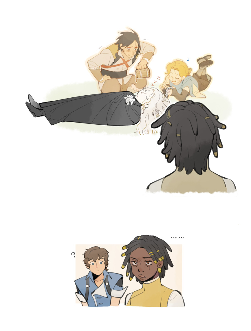 ..., 2boys, 3girls, ?, absurdres, alucard_(castlevania), annette_(castlevania), black_cape, black_hair, blue_eyes, braiding_another's_hair, brown_eyes, brown_hair, cape, castlevania:_nocturne, castlevania_(series), closed_eyes, closed_mouth, commentary, dark-skinned_female, dark_skin, dreadlocks, highres, j-em-g, long_hair, multiple_boys, multiple_girls, musical_note, open_mouth, orange_hair, richter_belmont, short_hair, sleeping, spirit, spoken_musical_note, staring, stifled_laugh, stunned_silence, untranslatable_commentary, sypha_belnades, trevor_c._belmont, vampire, white_background, white_hair