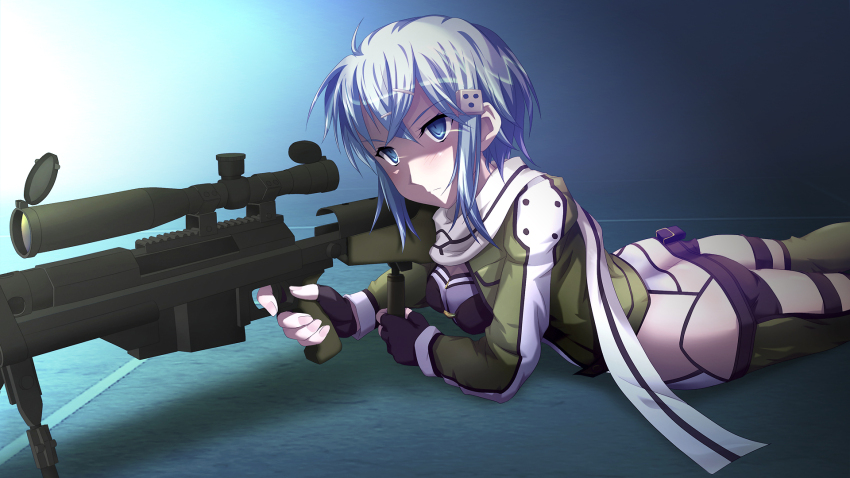 1girl, anti-materiel_rifle, aqua_eyes, aqua_hair, ass, bipod, blush, bolt_action
