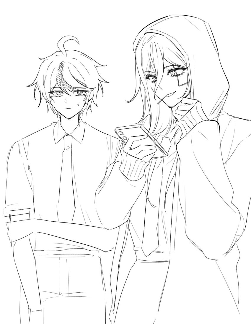 1boy, 1girl, blue_streaks, bog_i66820, cellphone, colored_skin, highres, hood