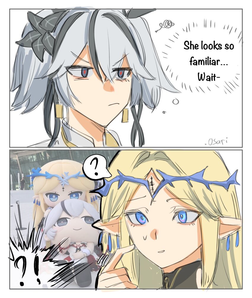 .osari, ?, black_eyes, black_flower, blake_bloom_(wuthering_waves), blonde_hair, blue_eyes, camellya_(wuthering_waves)