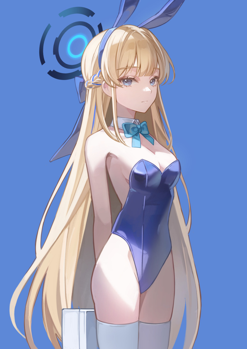 1girl, absurdres, animal_ears, aqua_bow, aqua_bowtie, arms_behind_back, blonde_hair, blue_archive