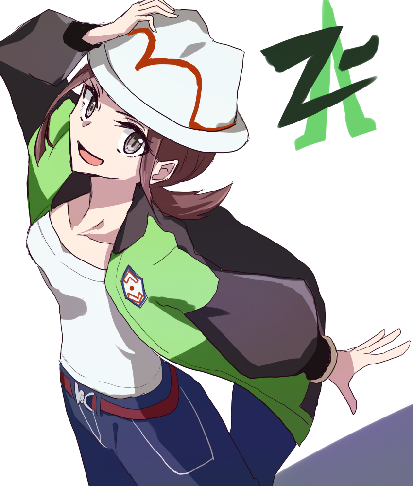 1girl, ars, brown_hair, denim, green_jacket, hand_on_headwear, harmony_(pokemon), highres