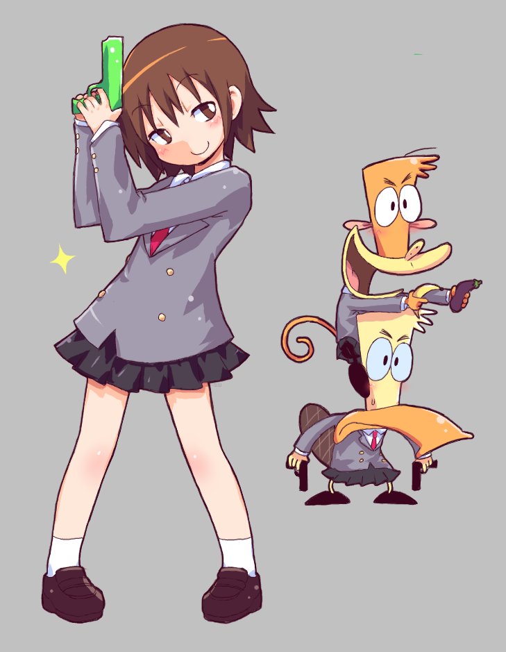 2girls, animalization, black_skirt, brown_hair, camp_lazlo, crossover, dual_wielding, full_body