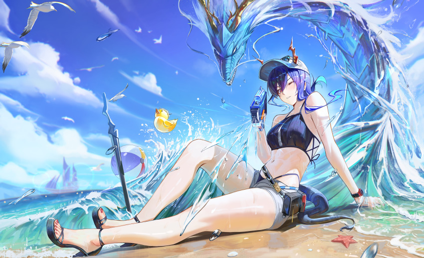 1girl, absurdres, arknights, ball, beach, beachball, bikini, bird