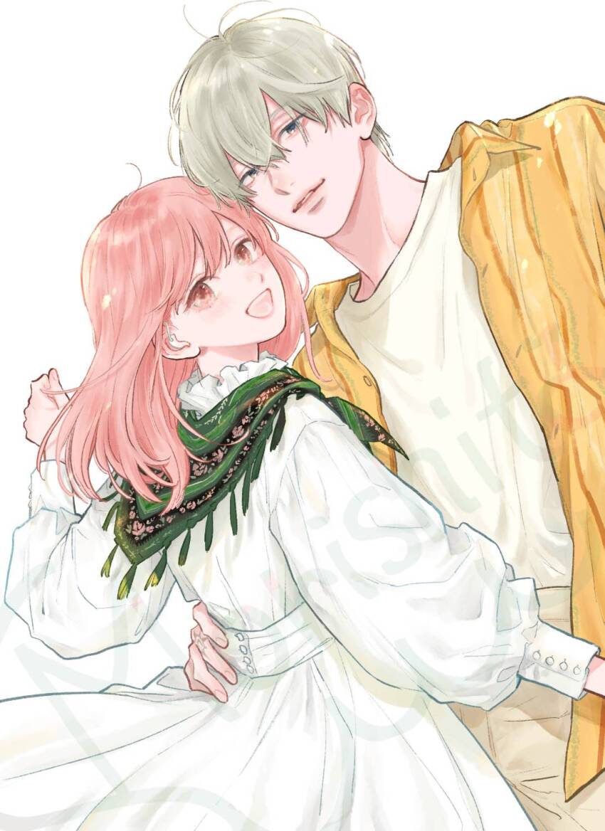 1boy, 1girl, collared_shirt, commentary_request, crossed_bangs, deaf, double-parted_bangs, dress