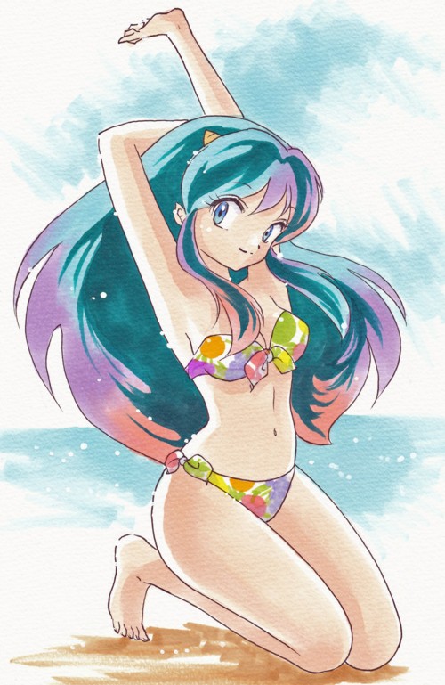 1girl, barefoot, beach, bikini, blue_eyes, female_focus, front-tie_top, full_body