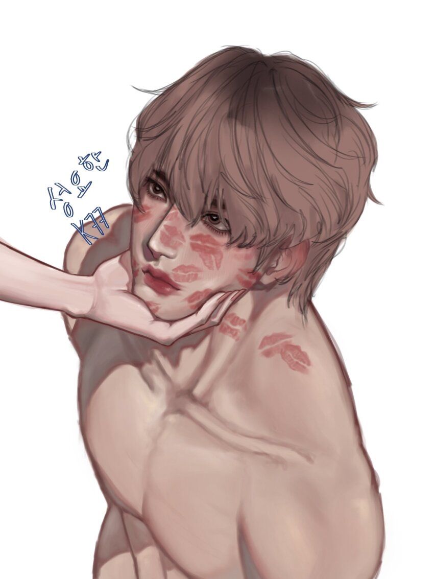 1boy, abs, bare_shoulders, blush, closed_mouth, from_above, hands_on_own_face, highres