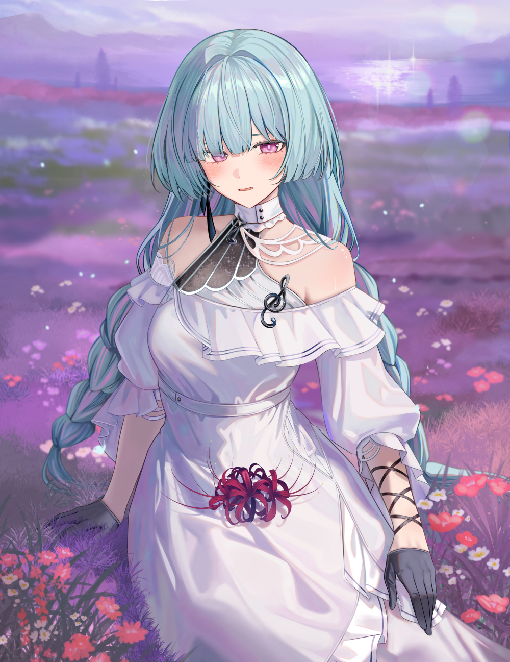 1girl, bare_shoulders, black_gloves, blurry, blurry_background, blush, braid, breasts, commentary, dress, flower, gloves, grey_hair, halter_dress, halterneck, highres, light_smile, long_dress, long_hair, looking_at_viewer, low_twin_braids, medium_breasts, multicolored_hair, musical_note_ornament, official_alternate_costume, outdoors, paid_reward_available, parted_lips, phrolova_(ostina)_(wuthering_waves), phrolova_(wuthering_waves), pink_flower, purple_eyes, red_flower, ru_zhai, sitting, solo, spider_lily, streaked_hair, twin_braids, untranslatable_commentary, very_long_hair, white_dress, wuthering_waves