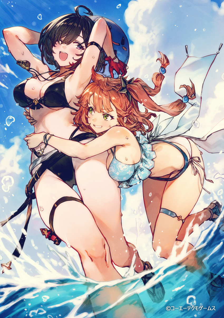 2girls, ;d, ahoge, atelier_(series), atelier_yumia, ball, benitama, bikini