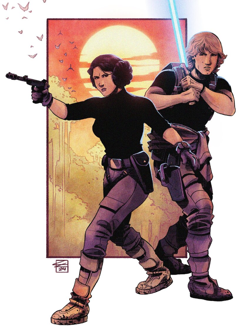 1boy, 1girl, black_shirt, blonde_hair, blue_lightsaber, boots, brother_and_sister, brown_boots