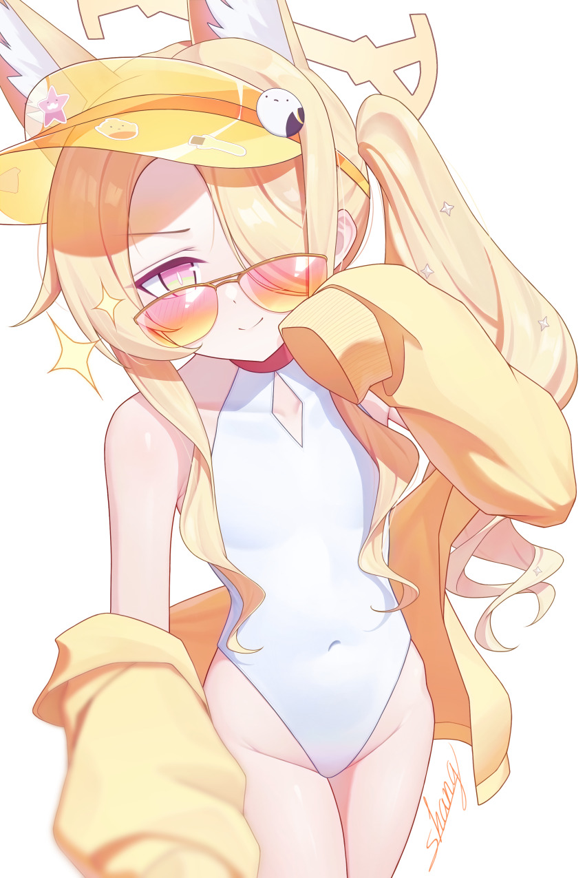 1girl, absurdres, animal_ear_fluff, animal_ears, bare_shoulders, blonde_hair, blue_archive, blush