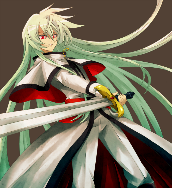 1boy, akasata, brown_background, capelet, cowboy_shot, floating_hair, green_hair, hair_between_eyes