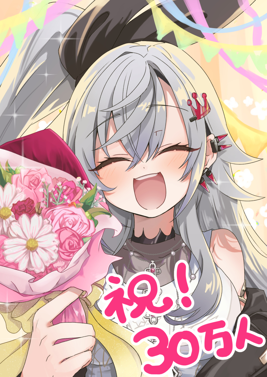 1girl, bouquet, closed_eyes, crown_hair_ornament, earclip, flower, grey_hair, highres