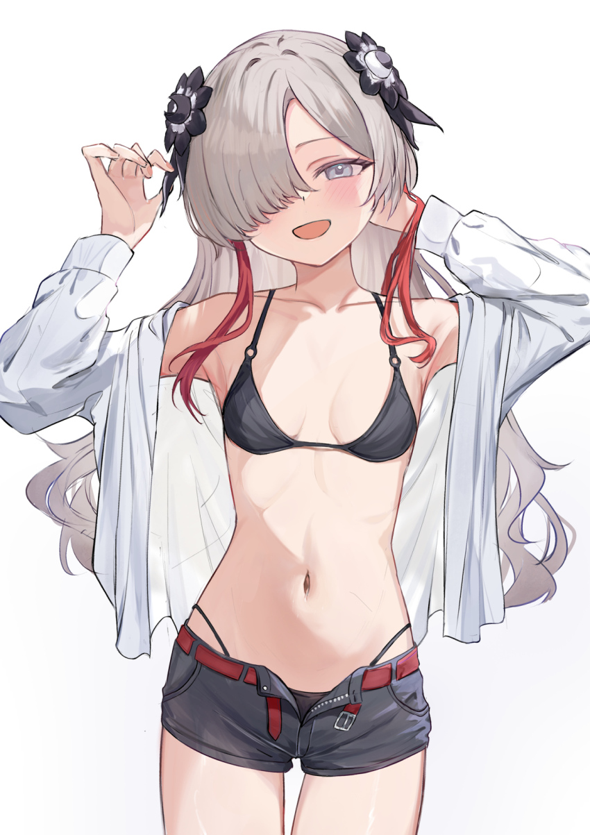 1girl, :d, bikini, black_bikini, black_flower, blue_archive, blush, breasts, collarbone, commentary_request, cosplay, cowboy_shot, flower, grey_eyes, grey_hair, grey_shorts, hair_flower, hair_ornament, hair_over_one_eye, hands_up, highres, huyuhnyuken, ichika_(blue_archive), ichika_(blue_archive)_(cosplay), ichika_(swimsuit)_(blue_archive), isekaijoucho, kamitsubaki_studio, long_hair, long_sleeves, looking_at_viewer, midriff, navel, open_clothes, open_fly, open_mouth, open_shirt, shirt, short_shorts, shorts, simple_background, small_breasts, smile, solo, swimsuit, virtual_youtuber, wavy_hair, white_background, white_shirt