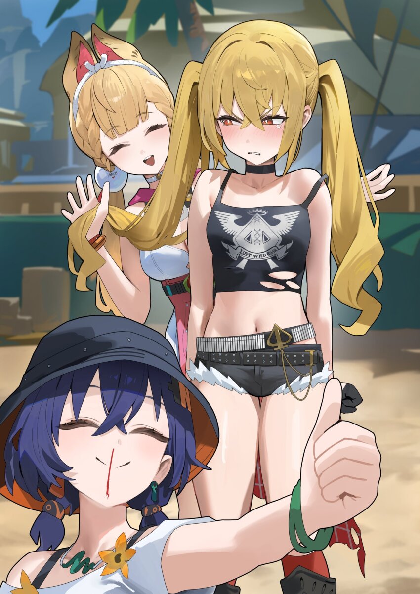 3girls, alice_thymefield, alice_thymefield_(sea_of_thyme), alternate_hairstyle, angry, animal_ears, bangle, behind_another, belle_(summer_skies)_(zenless_zone_zero), belle_(zenless_zone_zero), belt, black_belt, black_choker, black_hat, black_shorts, bleeding, blonde_hair, blood, blood_on_face, blue_hair, blunt_bangs, blush, boots, bra_strap, bracelet, braid, breasts, bright_pupils, bucket_hat, center-flap_bangs, choker, cleavage, clenched_hand, closed_eyes, collarbone, cowboy_shot, crop_top, crossed_bangs, cutoffs, dot_nose, ear-to-ear, earrings, flower, furrowed_brow, gloves, hair_between_eyes, hair_lift, hair_ornament, hairband, hairclip, half_gloves, hand_up, hands_up, happy, hat, highres, holding_another's_hair, hood_(james_x), jewelry, knee_boots, kneehighs, leaning_to_the_side, long_hair, looking_to_the_side, low_twintails, luciana_de_montefio, micro_shorts, midriff, mismatched_earrings, multiple_girls, navel, nosebleed, off-shoulder_shirt, off_shoulder, official_alternate_costume, open_mouth, outdoors, outstretched_arm, palm_tree, parted_lips, petite, print_tank_top, rabbit_ears, rabbit_girl, raised_eyebrows, red_socks, sand, shirt, shirt_flower, short_hair, short_twintails, shorts, sideways_glance, small_breasts, smile, socks, sphere_hair_ornament, split_mouth, square_neckline, standing, t-shirt, tank_top, tearing_up, tears, teeth, thigh_gap, thumbs_up, torn_clothes, torn_tank_top, tree, twintails, unworn_belt, upper_teeth_only, white_choker, white_pupils, white_shirt, yellow_flower, zenless_zone_zero